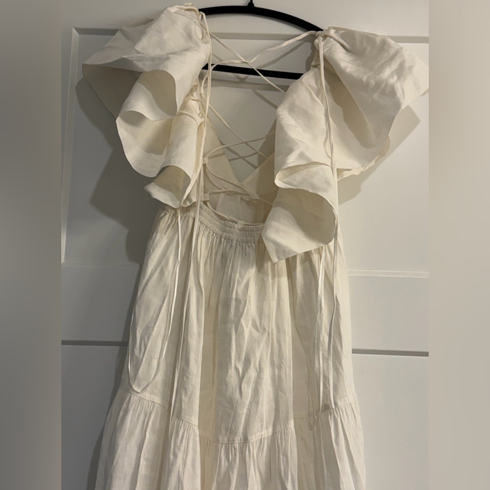 New La Ligne Stella Ruffle Shoulder Open back Linen Blend Midi Dress - Picture 13 of 14